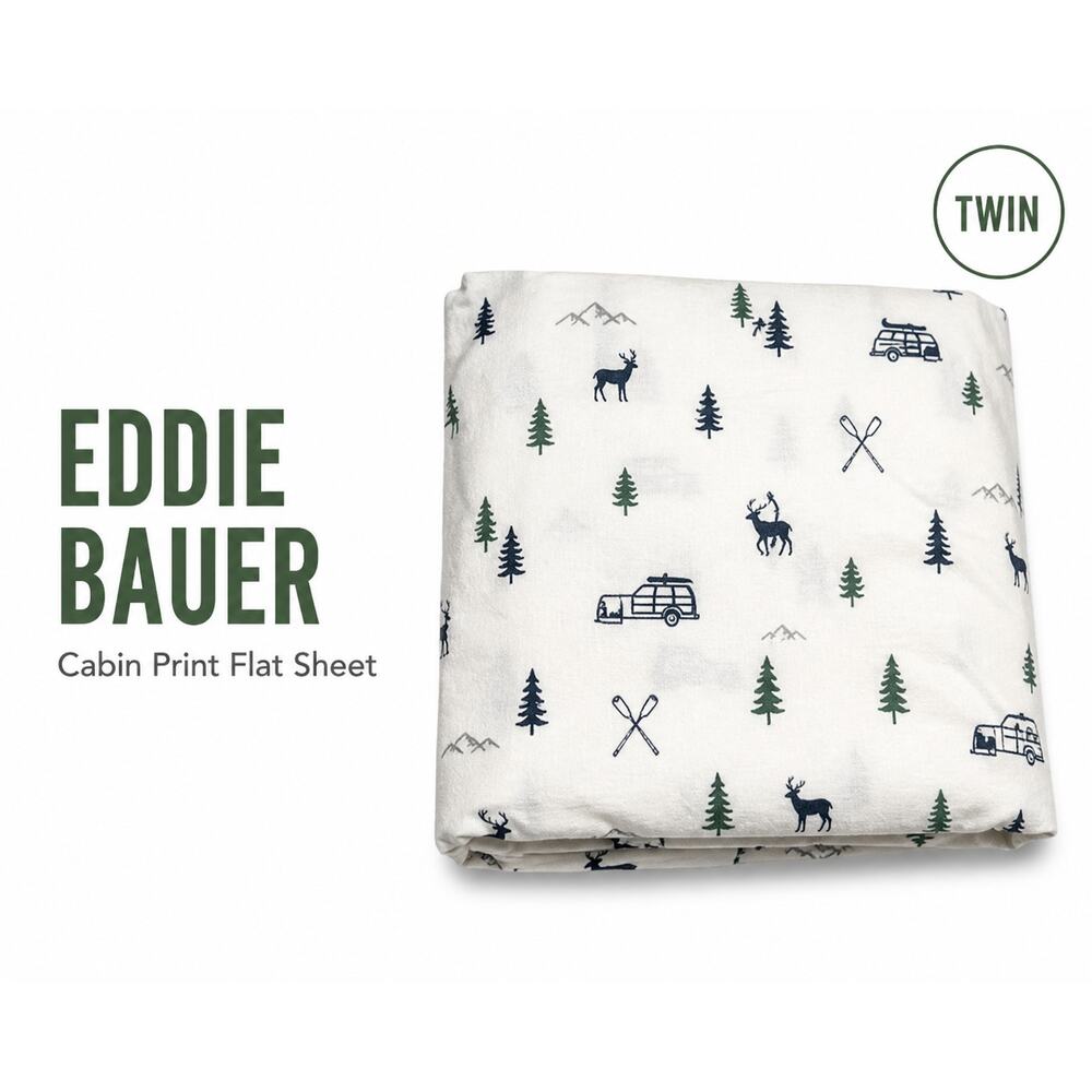 Eddie Bauer Flat Sheet Twin Winter Cabin Deer Camping Print White